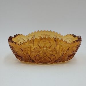 Vintage Mid 1900s Kemple Oblong Hobstar Sawtooth Rim Amber Glass Candy Dish